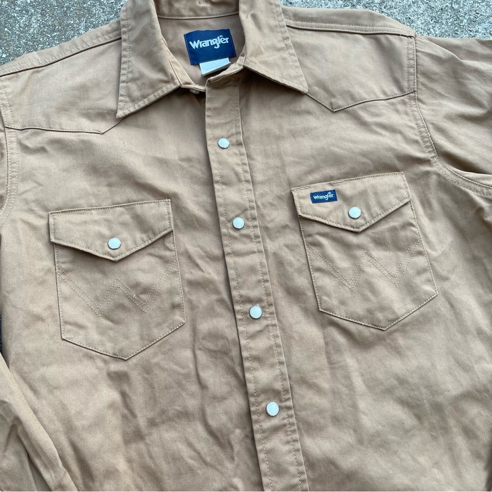 Wrangler | Vintage Western Cowboy Brushpopper Heavy Tan/Khaki Pearl Snap Shirt - Picture 3 of 5
